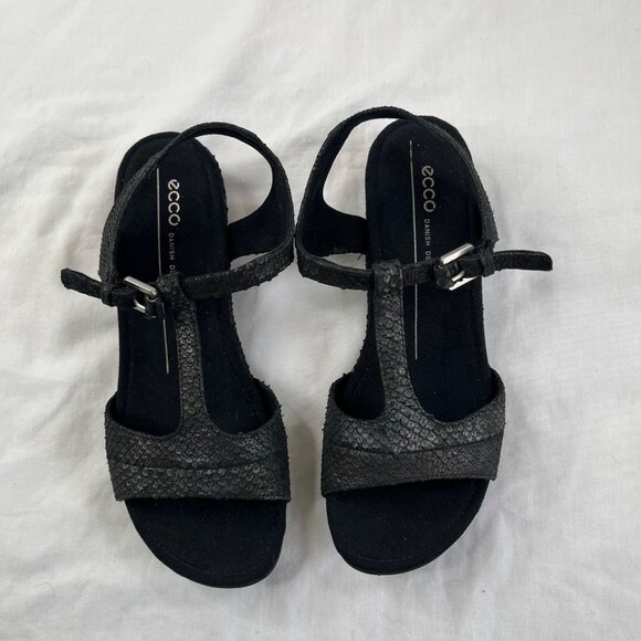 Ecco Black Scale Print Leather T-Strap Touch 25 Sandals EU 36 US 5 - Picture 10 of 12